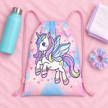 Unicorn With Wings, Heart And Star Print Drawstring Backpack, Suitable For Girls And Children, Pink Strap School Bag, Applicable For Travel, Dance, Camping And Weekend Entertainment - UNICORN-117 - View 6