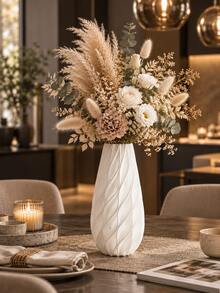 1pc White Decorative Vase, Streamlined Leaf Pattern, High Water Drop Shape Slim Neck, Suitable For Living Room, Office, Bedroom And Dining Room Tulip, Rose Or Reed Grass Fashion Centerpiece Decor | White Vase, Tabletop Decor, Floral Vase, Gift - Multicolor - View 1