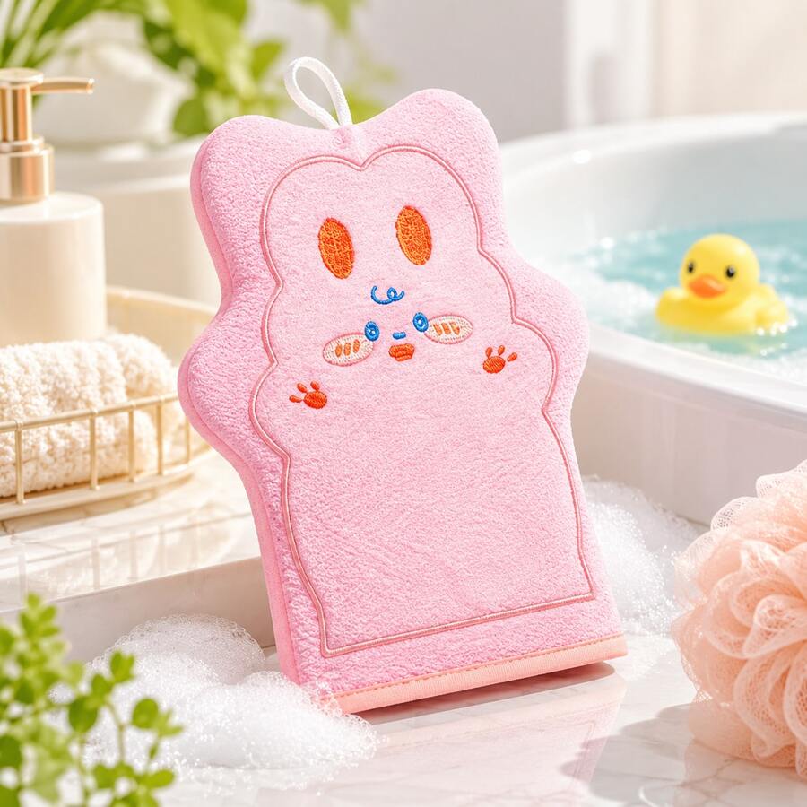 卡通兔子刺繡沐浴洗澡手套，附掛環式去角質沐浴手套，適用浴室淋浴 - 彩色 - 查看 1