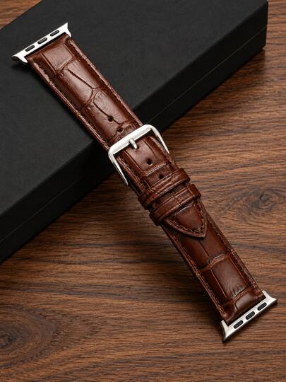1PC Brown PU Leather Watch Band, Crocodile Pattern Classic Vintage Buckle Replacement Strap, Unisex, Compatible With Apple Watch 38/40/41/42/44/45/46/49mm, Series 12/11/10/9/8/7/6/5/4/3/SE/Ultra 3/2/1