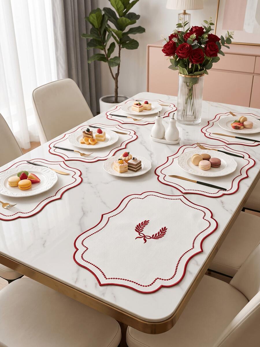 1-12pcs Vintage Scalloped Wavy Edge Embroidered Placemats, Cream Base With Red Laurel & Bow Embroidery, Fabric Heat-Insulating Decorative Table Mats For Home Dining - Multicolor - View 1