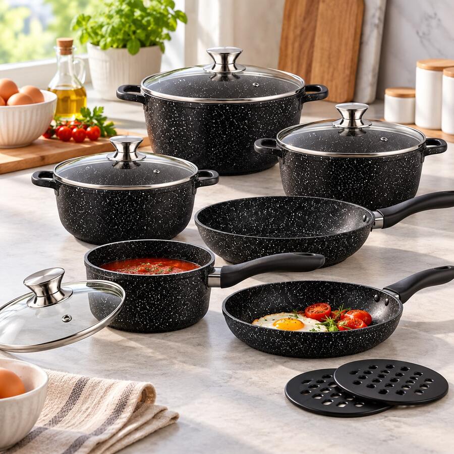 Black Speckled Cookware Set, 12 Pieces Including Pots, Glass Lids, Saucepan, Pans And Trivets, For Home Cooking - View 1