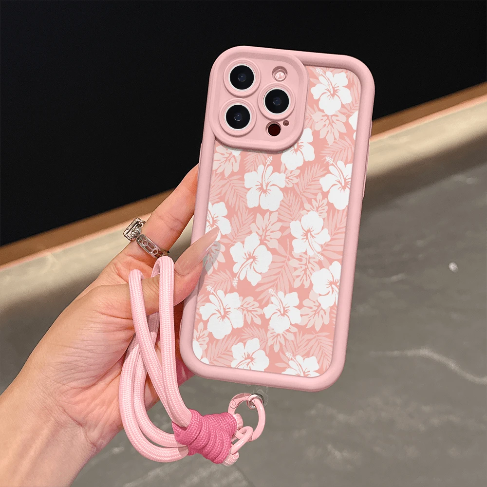 Gentle Island Style Hibiscus Flower Pattern Phone Case + Lanyard Compatible With Apple 11, 12, 13, 14, 12PROMAX, 13PROMAX, 15, 15PRO, 15PLUS, 15PROMAX, 16, 16Pro, 16Plus, 16Promax, 17, 17Pro, 17AIR, 17Promax, 18promax And Other Phone Models, A Great Choice For Couples And Holiday Gifts - Pink - View 1