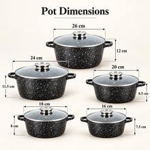 10-Piece Cookware Set, 5 Black Speckled Pots With Glass Lids, 16/18/20/24/26 Cm, For Everyday Family Cooking - View 3