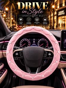 No Inner Ring Rhinestone Steering Wheel Cover, Light Pink Bling Crystal Leather Car Interior Accessory For Women, Anti-Slip Universal Fit 14.5-15 Inch - Multicolor - View 2