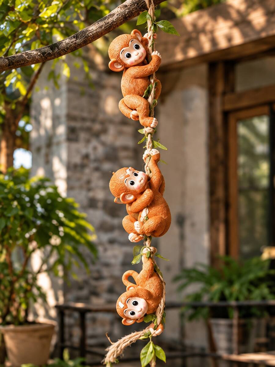 Set Of 3 Cute Hanging Climbing Monkey Ornaments – Resin Garden Figurines With Ropes – Suitable For Indoor/Outdoor Trees, Gardens, Balconies, And Home Decor