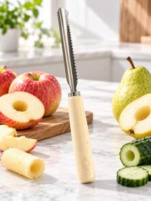 Premium Stainless Steel Fruit & Vegetable Corer With Natural Wooden Handle, Serrated Apple Pear Cucumber Core Remover, Elegant Multi-Purpose Kitchen Prep Tool - Multicolor - View 9