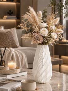 1pc White Decorative Vase, Streamlined Leaf Pattern, High Water Drop Shape Slim Neck, Suitable For Living Room, Office, Bedroom And Dining Room Tulip, Rose Or Reed Grass Fashion Centerpiece Decor | White Vase, Tabletop Decor, Floral Vase, Gift - Multicolor - View 3