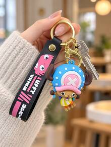 Miniso ONE PIECE Tony Tony Chopper Blue Pink Hat Character Bag Charm With Black Pink Wrist Strap And Gold Clip For Backpack Handbag, Birthday Christmas Gift - Style 1 - View 2