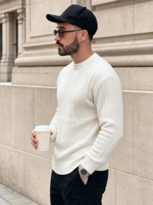 Lookun Men's Crew Neck Long Sleeve Pullover Sweater Old Money Style Vintage Vibe Spring Autumn Winter Ribbed Cuff Knit Top - Apricot - View 4