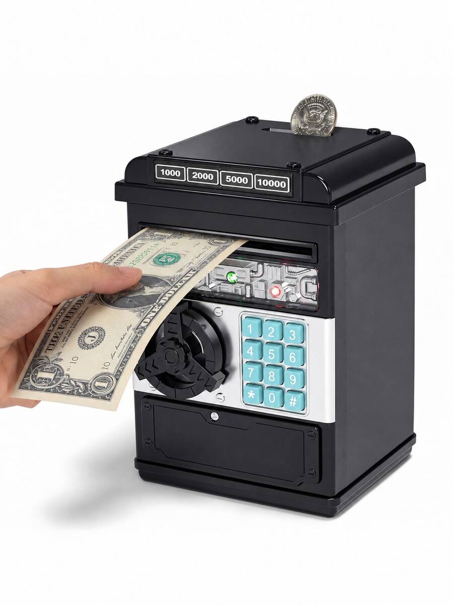 Children's Electronic Password Piggy Bank, Automatic Bill And Coin Deposit ATM Savings Box, Popular Birthday And Christmas Gift For Ages 3 And Up - Black - View 1
