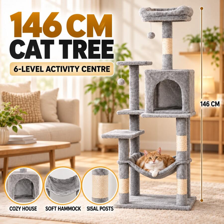 146cm Multi-Level Cat Tree With Condo, Hammock, 3 Perches, Sisal Scratching Posts And Hanging Toys, Grey Indoor Cat Activity Tower - Light Grey - View 1