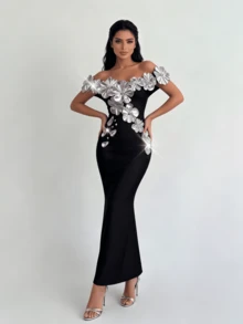 Elegant Sleeveless Cold Shoulder Long Pencil Dress With 3D Rose Detail, Suitable For Women's Evening Wear - Black - View 8