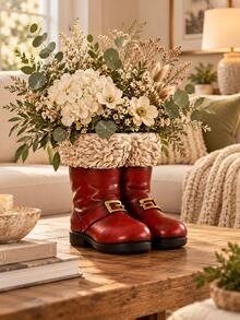 Vintage Red Boot-Shaped Planter/Vase, Double Boot Design With Gold Buckle, Rustic Farmhouse Style Desktop Floral Decor, Unique Home Decoration For Living Room, Entryway, Shelves And Coffee Table - B - View 3