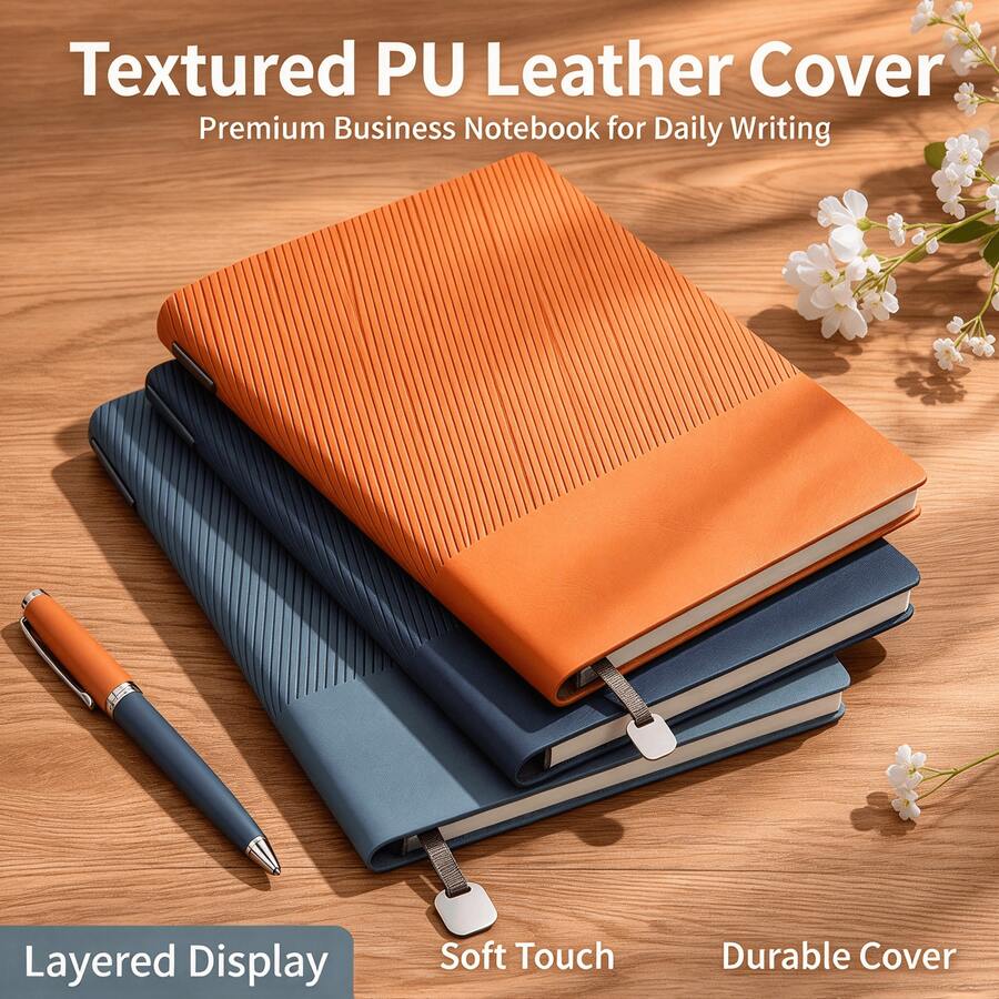1pc A5 PU Leather Notebook, Textured Cover With Pen Holder, 200 Pages, 3 Styles For Office, School & Daily Writing - Multi-color - View 1