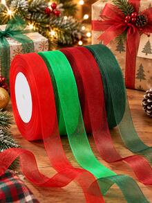 4 Gulungan Pita Organza Mewah untuk Liburan - Pita Kain Chiffon Berkilau Semi-Transparan Merah & Hijau Tua dengan Tepi Rapi, Untuk Hiasan Puncak Pohon Natal, Pembungkus Kado, Karangan Bunga Pintu & Kerajinan Jahit - Serial Natal - View 1