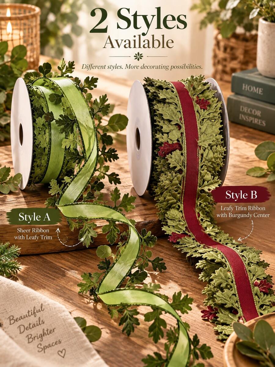Vintage Farmhouse Style Leaf Ribbon - Christmas Burgundy Green Fabric Ribbon Roll With Embroidered Leaves, For Holiday Wreath Making, Gift Box Bows, Table Centerpiece Garlands And Crafts - Leaf Webbing - View 1
