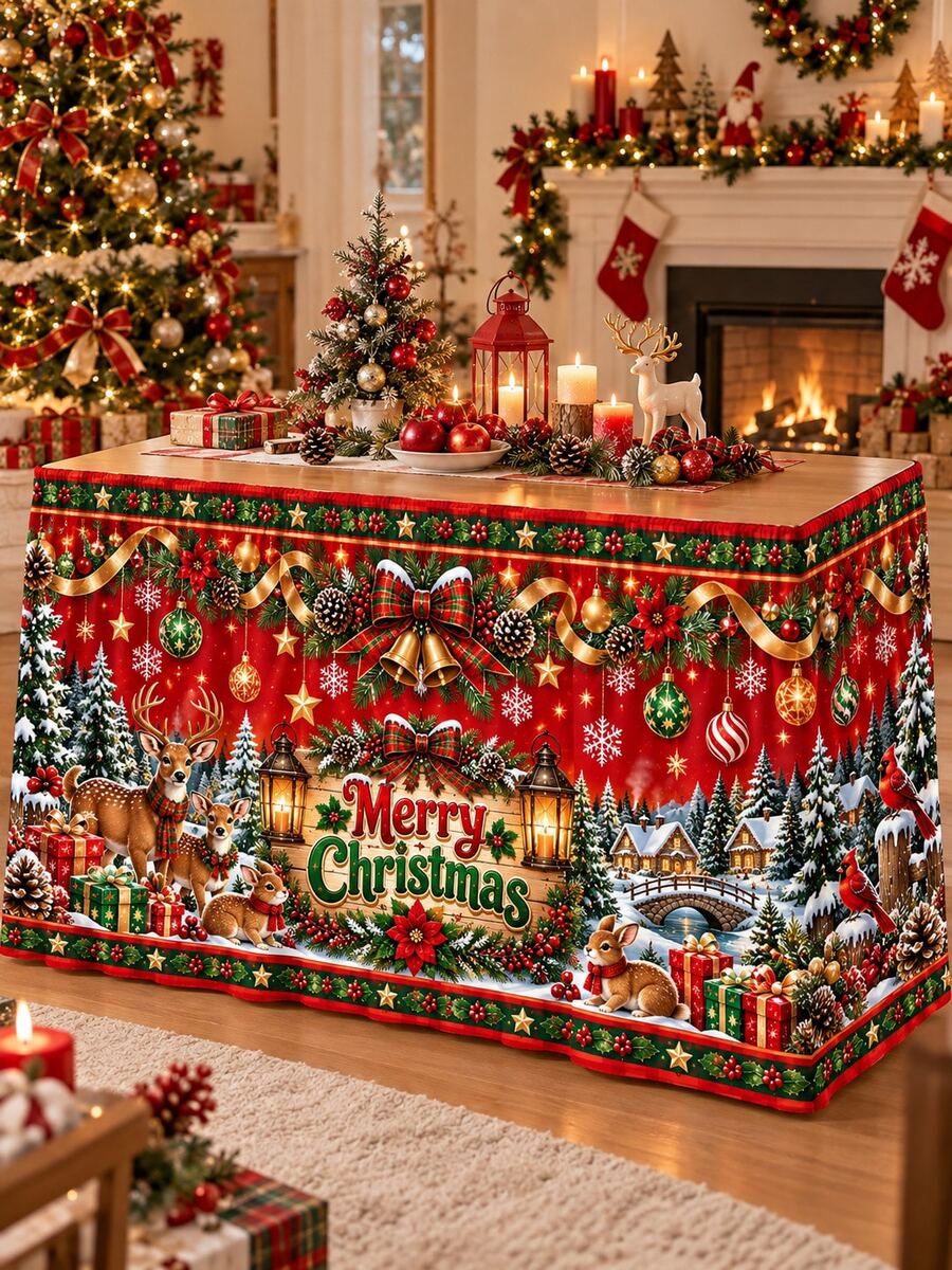 1pc Red Christmas Wreath Table Skirt, Polyester Rectangular Buffet Table Skirting With Reindeer, Gold Bells, Ornaments, Pinecones, Snowy Cottage & Merry Christmas Print, Festive Party Table Decor, Christmas Kitchen Decor, Christmas Home Decor - Multicolor - View 1