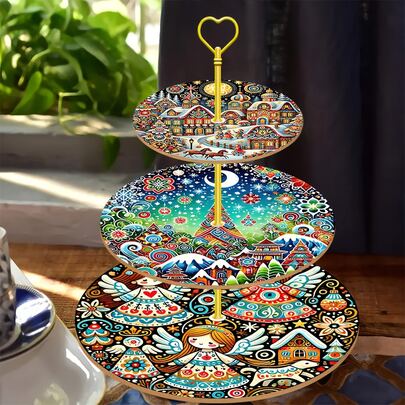 3-Tier Wooden Tray With Painted Pattern - Multi-Layer Tabletop Display Tray, Suitable For Christmas, Wedding, Birthday _ Tool-Free Assembly, Perfect For Party, Rustic Decor And Tabletop Decoration, Non-Food Contact
