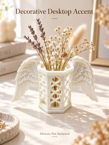 1PC Marble Effect Angel Wing Pen Holder, Hollow Makeup Brush Organizer, Decorative Desktop Storage For Vanity & Office - Multicolor - View 9