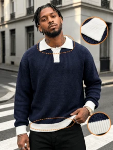 BLACKTOEXIT Men's Polo Collar Long Sleeve Knit Sweater, Korean Style Slouchy Color Block Patchwork Half-Button Ribbed Cuff Pullover, Autumn/Winter - Navy Blue - View 2