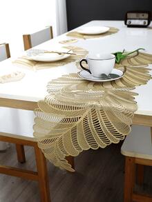 1pc Luxury Feather Hollow PVC Table Runner, Gold Full Feather Design Waterproof Washable Dining Table Decor Placemat - Gold - View 2
