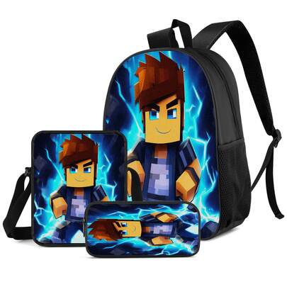 Blue Lightning Effect Pixel Boy Character Print 3 Pieces Set Large Capacity Backpack + Crossbody Bag + Pencil Case Adjustable Breathable Shoulder Straps Fashion Pixel Style Game Theme Enthusiast Daily Commute Storage Set