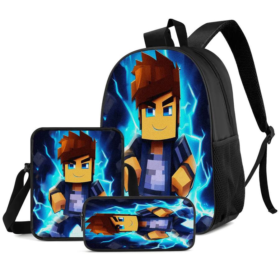Blue Lightning Effect Pixel Boy Character Print 3 Pieces Set Large Capacity Backpack + Crossbody Bag + Pencil Case Adjustable Breathable Shoulder Straps Fashion Pixel Style Game Theme Enthusiast Daily Commute Storage Set - Printed Bag - View 1