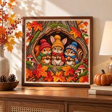 1pc Autumn Tree Hollow Animal Cross Stitch Kit 38x38cm [15x15 Inches] 11CT Cute Squirrel Rabbit Print, Beginner Stress Relief Handmade, Autumn/Winter Atmosphere Living Room Decor - Multicolor - View 7
