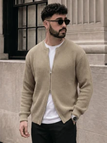 Lookun Men's Crew Neck Long Sleeve Vintage Old Money Style Casual Cardigan Sweater, Full Zip Front, Ribbed Cuffs And Hem, Knitted Top For Spring, Autumn And Winter - Brown - View 1