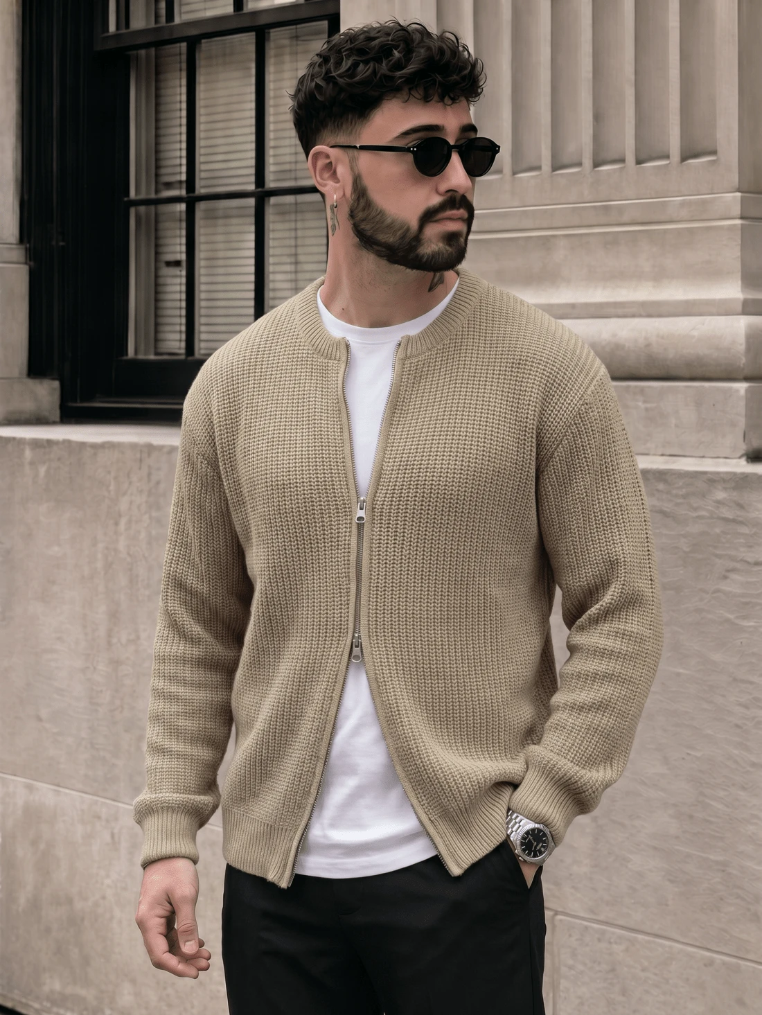 Lookun Men's Crew Neck Long Sleeve Vintage Old Money Style Casual Cardigan Sweater, Full Zip Front, Ribbed Cuffs And Hem, Knitted Top For Spring, Autumn And Winter - Brown - View 1