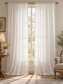 Bubaba Boho Ivory Sheer Curtains With Embroidered Vertical Stripes & Tassel Fringe, Rod Pocket Semi-Sheer Window Panels, Farmhouse Curtains For Living Room Bedroom Home Decor - Beige - View 1
