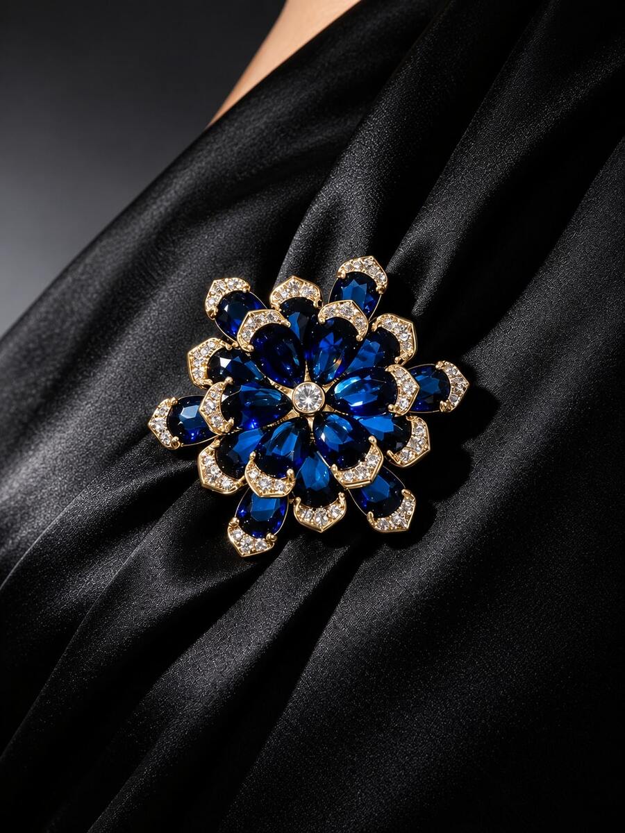 1pc Blue Multi-Layer Flower Brooch, Vintage Elegant Rhinestone Lapel Pin, Gold Tone Women's Brooch, Suit Coat Sweater Scarf Decorative Pin, Suitable For Daily Commute, Wedding Banquet And Holiday Gift - Multicolor - View 1