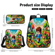 Pixel Forest Animal Boy Walking In Flower Sea Print 3 Pieces Set, Large Capacity Backpack + Crossbody Lunch Bag + Pencil Case, Durable Water-Resistant Fabric, Adjustable Padded Shoulder Straps, Fresh Healing Sandbox Style Daily Commute Travel Storage Set - Printed Bag - View 6