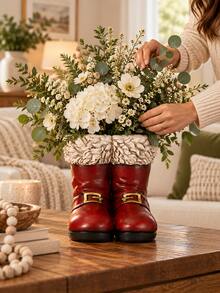 Vintage Red Boot-Shaped Planter/Vase, Double Boot Design With Gold Buckle, Rustic Farmhouse Style Desktop Floral Decor, Unique Home Decoration For Living Room, Entryway, Shelves And Coffee Table - B - View 4