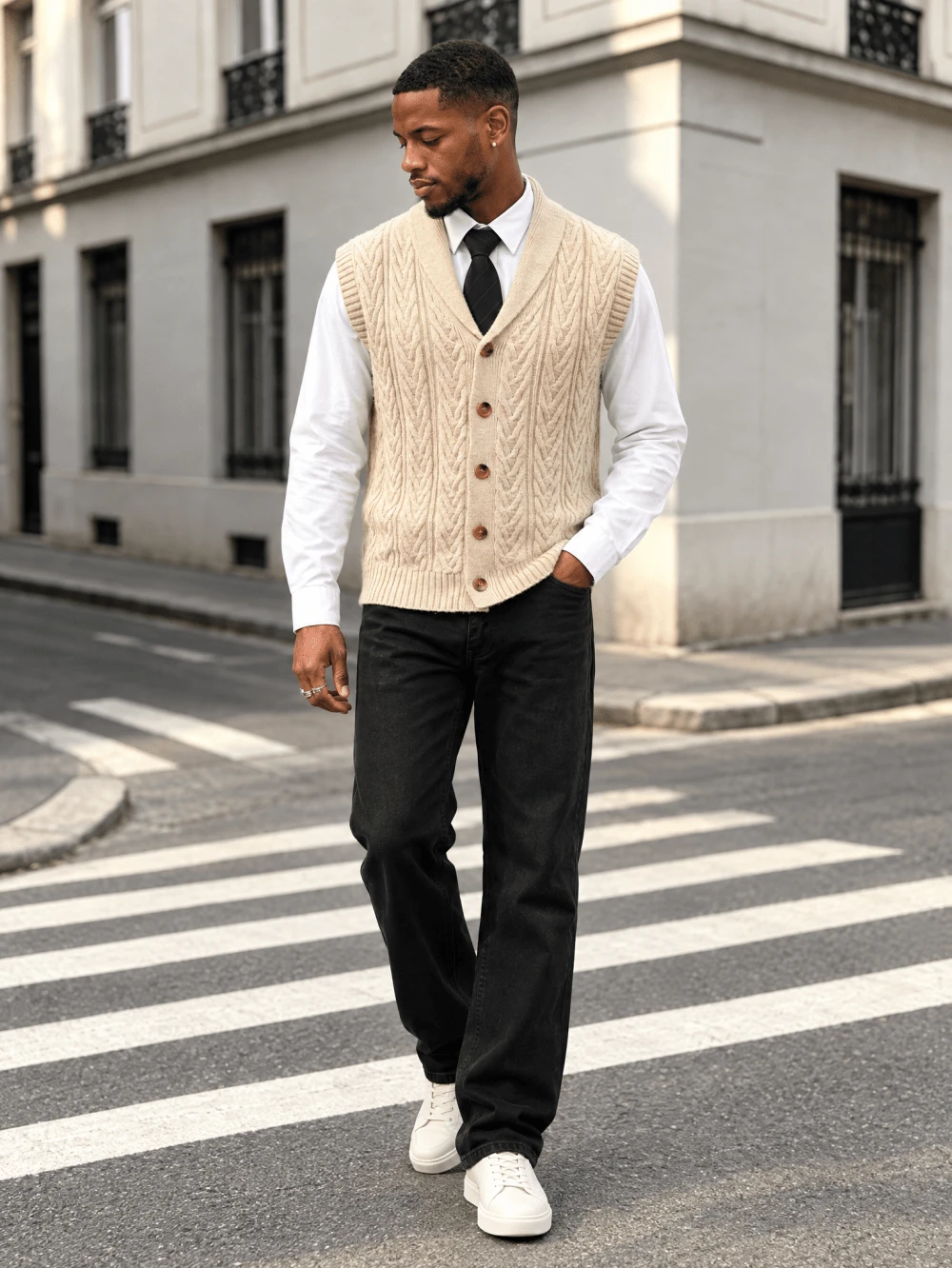 BLACKTOEXIT Men's Knit Vest Sweater, Shawl Collar, Sleeveless, Korean Style, Slouchy Single-Breasted, Ribbed Hem, Autumn/Winter - Khaki - View 1