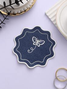 1-4pcs Wavy Edge Butterfly Embroidered Coasters, Burgundy Linen Fabric Embroidered Heat-Insulating Cup Mats, New Chinese Style Desktop Decor Small Placemats - Wavy - View 16