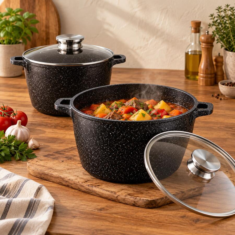 4-Piece Deep Cooking Pot Set With 2 Glass Lids, 28 Cm And 32 Cm, For Soups, Stews And Pasta - View 1