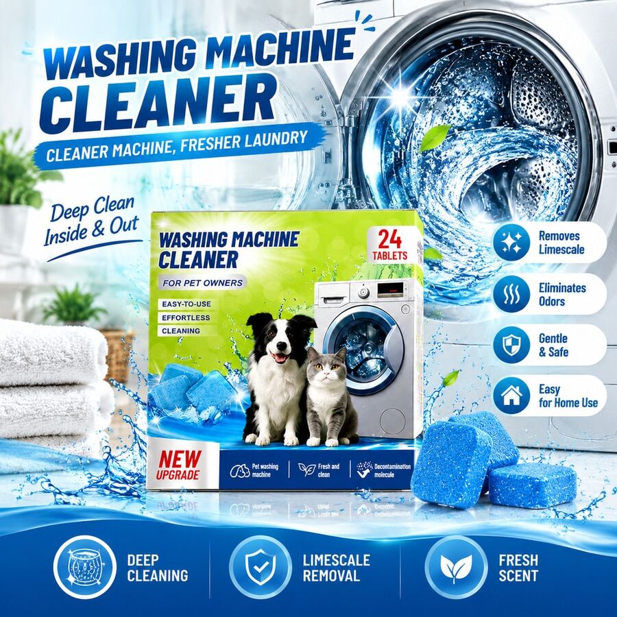 Limpiador para lavadora en tabletas, elimina vello de mascotas, sarro, grasa y malos olores, fórmula suave de baja espuma, ideal para hogares con mascotas, compatible con lavadoras de carga frontal y superior, para mantenimiento regular del tambor