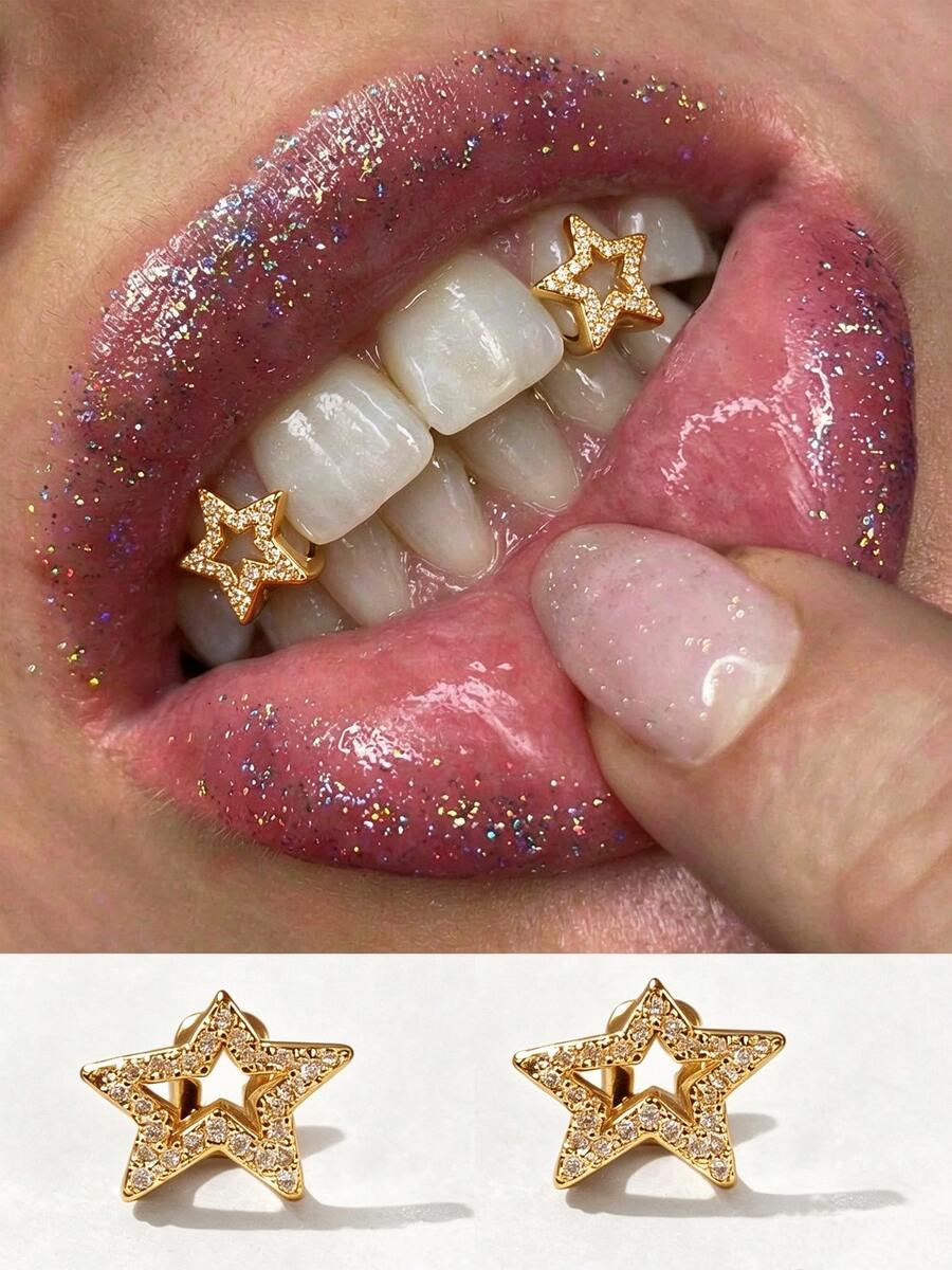 1pc Vintage Metal Cross With Rhinestone Tooth Design Women's Jewelry - Gold - View 1