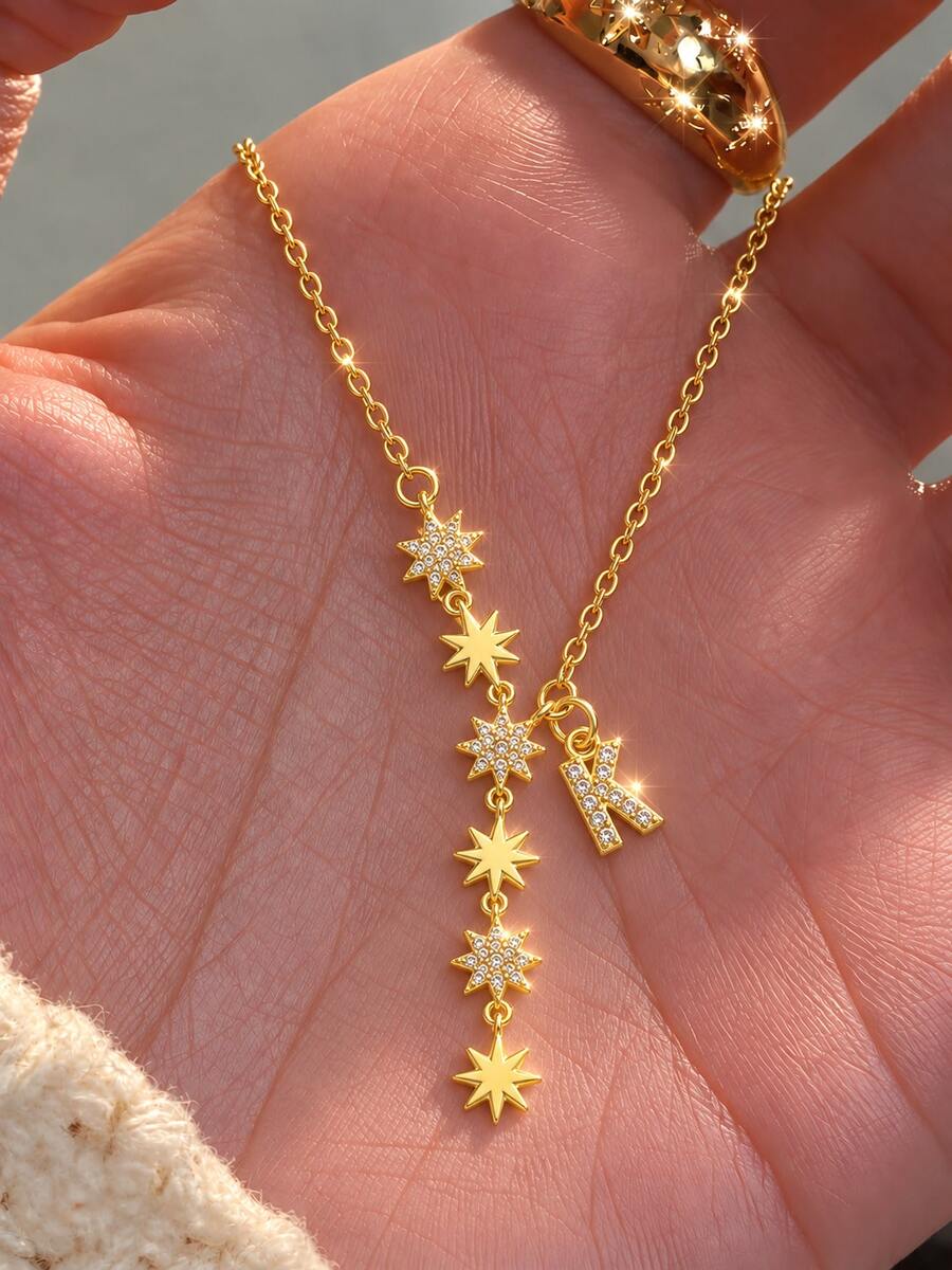 1pc Gold Tone Starburst A-Z Initial Pendant Necklace Sparkly Celestial Children Jewelry For Girls Daily Wear Back To School Party Fashion Accessories - Gold - View 1
