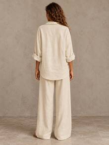 Women's Cream Yellow Textured 2 Pieces Set, Loose Lapel Half-Button Top With Wide Leg Pants, Elegant Casual Early Autumn Outfit - Apricot - View 3