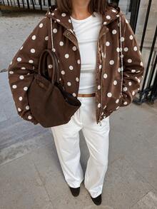 Mantel Trench Pendek Polkadot Vintage Wanita, Atasan Longgar Elastis dengan Tali Serut dan Tudung - Coffee Brown - View 6