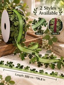 Vintage Farmhouse Style Leaf Ribbon - Christmas Burgundy Green Fabric Ribbon Roll With Embroidered Leaves, For Holiday Wreath Making, Gift Box Bows, Table Centerpiece Garlands And Crafts - Leaf Webbing - View 7