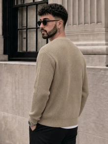 Lookun Men's Crew Neck Long Sleeve Vintage Old Money Style Casual Cardigan Sweater, Full Zip Front, Ribbed Cuffs And Hem, Knitted Top For Spring, Autumn And Winter - Brown - View 3