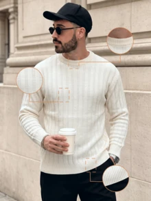 Lookun Men's Crew Neck Long Sleeve Pullover Sweater Old Money Style Vintage Vibe Spring Autumn Winter Ribbed Cuff Knit Top - Apricot - View 2
