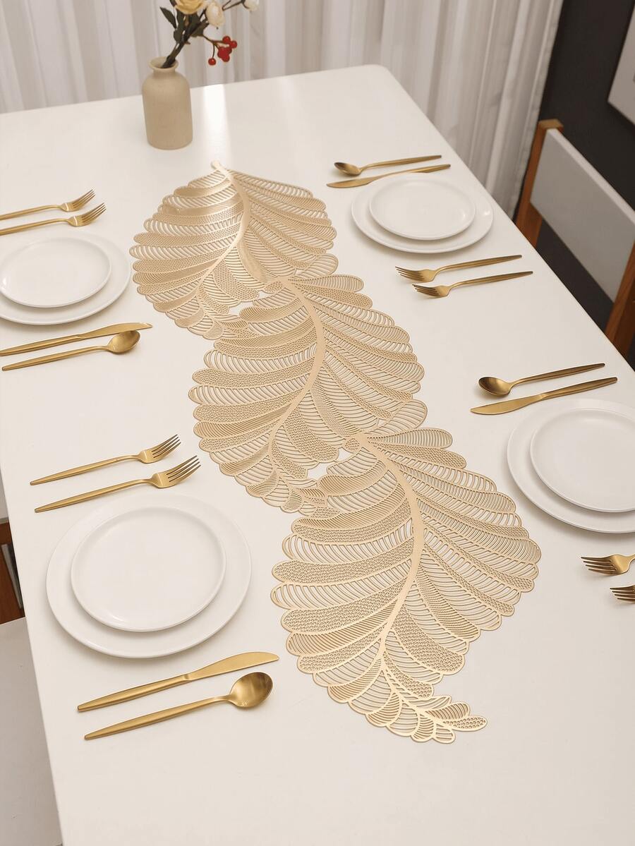1pc Luxury Feather Hollow PVC Table Runner, Gold Full Feather Design Waterproof Washable Dining Table Decor Placemat - Gold - View 1