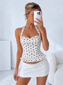 Kliou Summer Polka Dot Print Tank Top Women Halter Low-Neck Bandage Ruffles Backless Sleeveless Skinny Clubwear Basic Vest - White - View 3