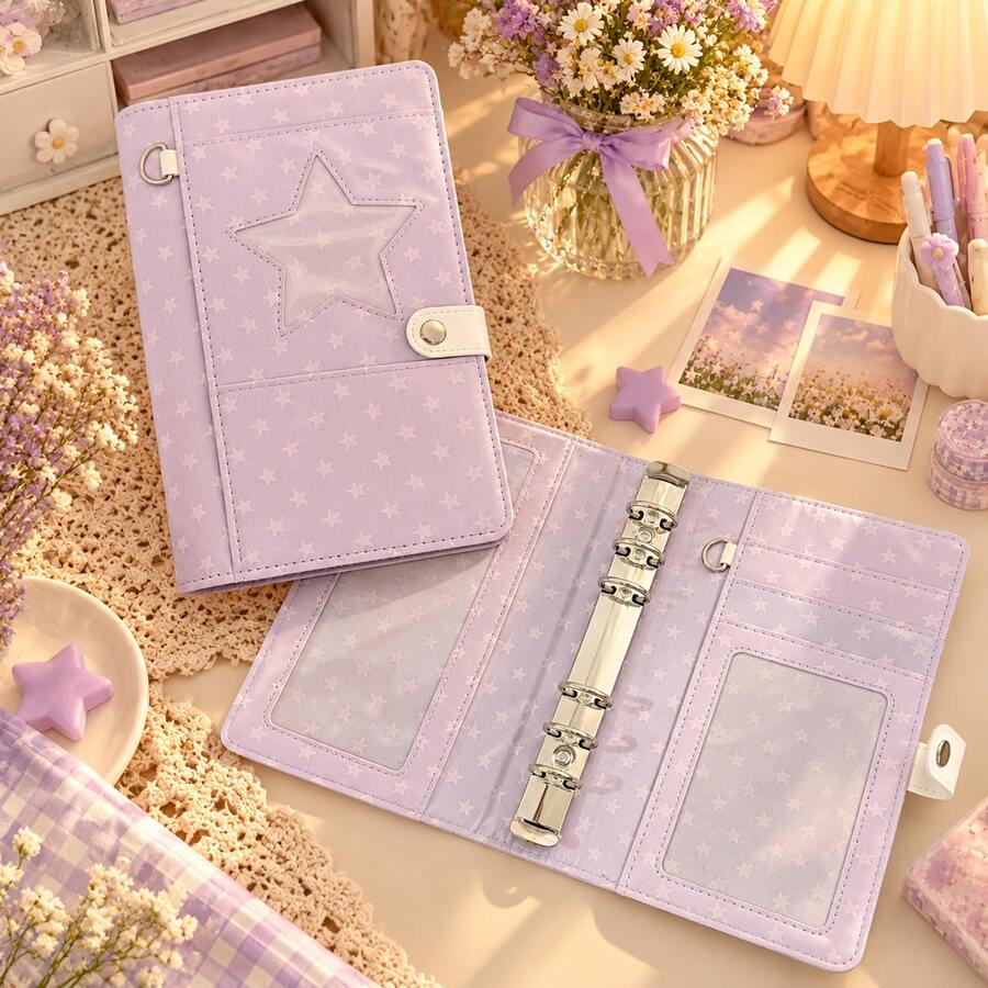 Purple Star A6 Loose‑Leaf Notebook, High Aesthetic DIY Journal Planner, Portable Pocket Memo Diary Notepad, Removable Refillable Binder Notebook, Creative Hand Account Scrapbook Stationery Gift For Students School Office Supplies - Multicolor - View 1