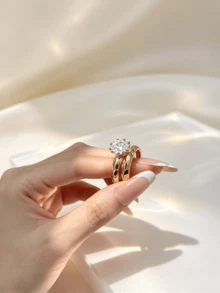 18K Gold Plated Women's Double Band Ring, Round Cut Zirconia Stackable Exaggerated Ring, Elegant Wedding Party Jewelry - Gold - View 5